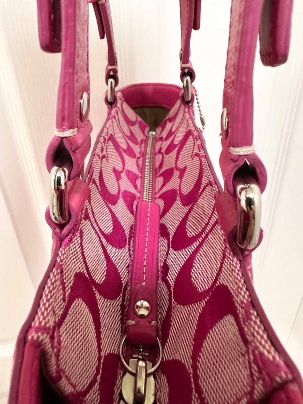 Coach Gallery Tote Signature Jacquard Pink Leather Trim Y2K - Picture 8 of 15